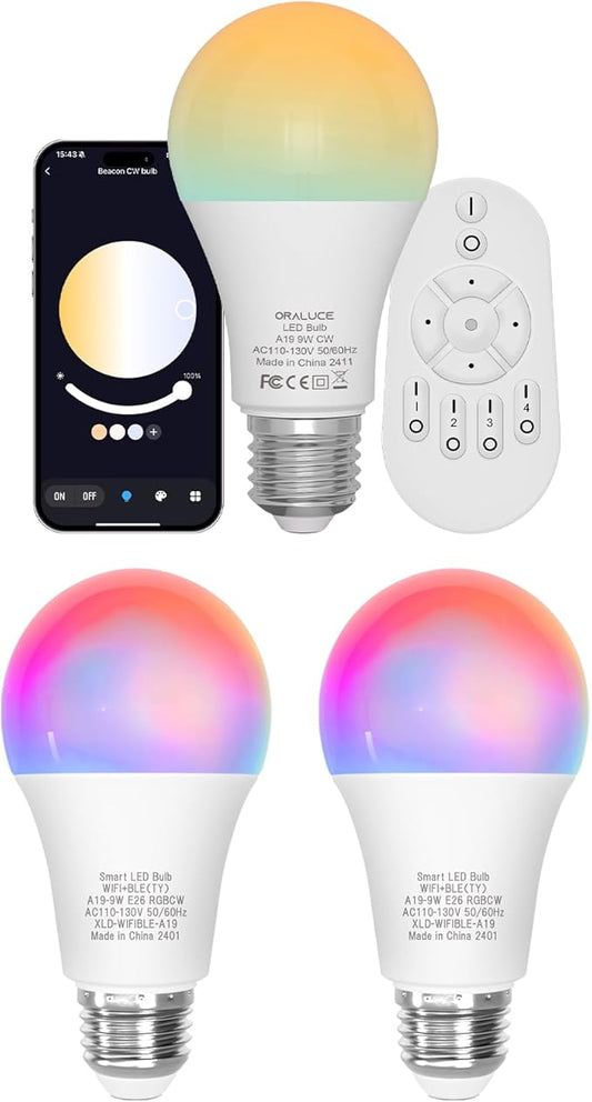 ORALUCE 丨 Bundle - LED Light Bulbs 1 Pack with Remote Control & A19 E26 Smart LED Light Bulb (Pack of 2)