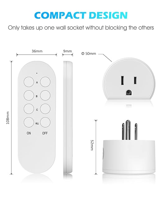 Mini Remote Control Outlet, 10A Wireless Light Switch Plug for Household Appliances, Up to 130 FT Long Range, FCC and ETL Listed
