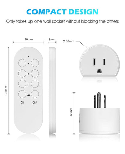 Mini Remote Control Outlet, 10A Wireless Light Switch Plug for Household Appliances, Up to 130 FT Long Range, FCC and ETL Listed