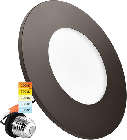 LUXRITE 3-4 Inch LED Flush Mount & Recessed Light, 7.5W, 5CCT 2700K-5000K, 650LM, Magnetic Trim, Dimmable Ceiling Can Light, Install to J-Box or 4 Inch Housing, Wet Rated, UL Listed, Bronze