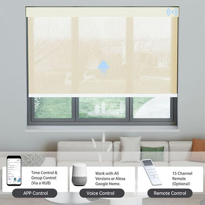 Motorized Solar Shades, Light Filtering Smart Blinds for Windows Automatic Blinds Compatible with Alexa, Falme Resistant Roller Shades Customized for Office Living Room (5% Openness Beige)