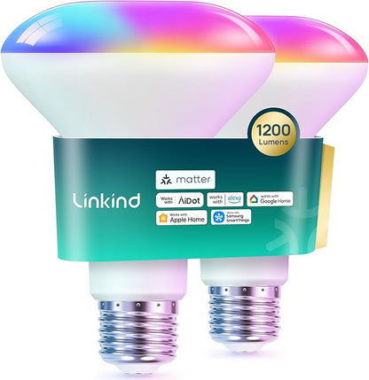 Linkind Matter BR30 Smart Recessed Flood Light Bulb 1200lm RGBTW 2Pack Bundle Color Changing Smart Light Bulbs A19 4 Pack, Compatible with Alexa & Google Home