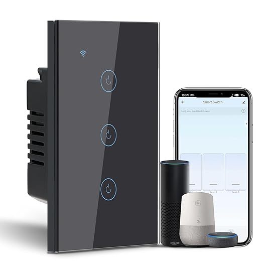 BSEED Smart Light Switch, 3 Gang WiFi Alexa Light Switch with Remote APP Control and Timing Function, Single Pole Black Light Switches Work with Alexa, Google Assistant, Voice Control, Group Control
