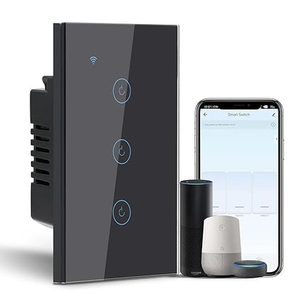 BSEED Smart Light Switch, 3 Gang WiFi Alexa Light Switch with Remote APP Control and Timing Function, Single Pole Black Light Switches Work with Alexa, Google Assistant, Voice Control, Group Control
