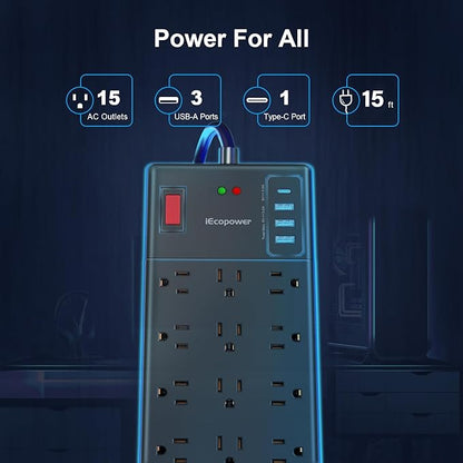 Surge Protector Power Strip 15 ft cord-15 Widely Spaced Outlets and 4 USB Ports(1 USB C Port),14 AWG Extension Cord,1875W/15A Heavy Duty Power Strip Surge Protector 15 ft Cord,2800J,Black