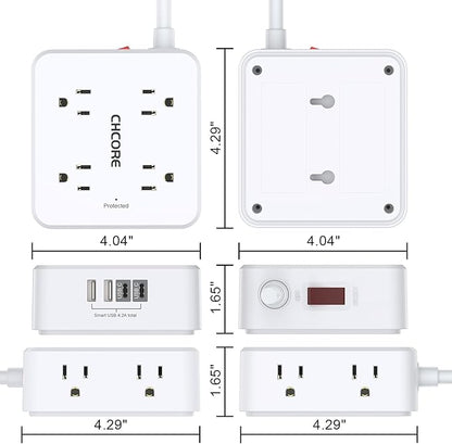 10Ft Surge Protector Power Strip - CHCORE Flat Plug Extension Cord with 8 Outlets and 4 USB Ports(2 USB C), 3 Side Wall Mount Outlet Extender for Home Dorm Room Essentials, ETL Listed, White