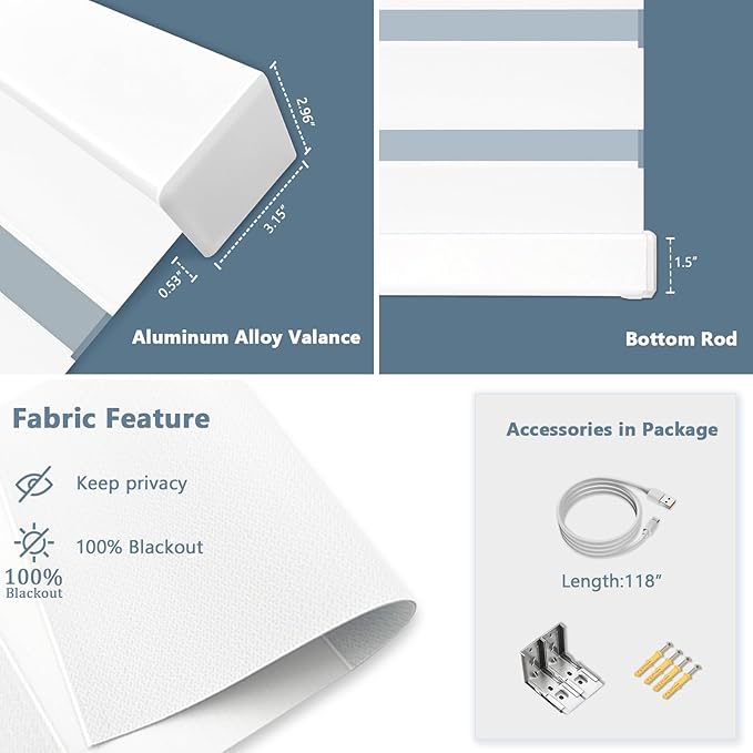 Motorized Zebra Blinds for Windows Cordless Electric Curtains with Remote Control Blackout Shades Custom Smart Blinds Compatible with Alexa Google Home(Blackout White,W56 X 72in)