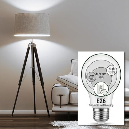 KEIVO A19 3-Level Brightness, Adjustable via Standard Switch(Not for 3-Way Sockets), 100W/70W/30W Equivalent, Daylight 5000K, 12W/9W/3W, E26 Base, Frosted, 4-Pack