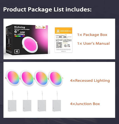 Smart Recessed Lighting 6 inch, 4Pack RGBCW Recessed Ceiling Lights with Junction Box, 16W 1350lm LED Recessed Lights 2700 to 6000K Canless LED Downlight Dimmable by Alexa and APP