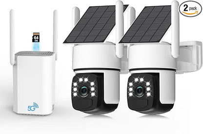 Solar Security Cameras Wireless Outdoor,2 Cam-Kit,Solar-Powered,No Subscription,Home Security Cameras System with 4MP Color Night Vision,Auto Tracking,Spotlight & Siren,64GB Memory Card, 2.4 & 5G WiFi