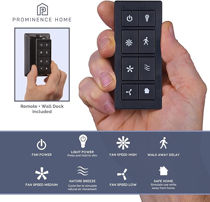 Prominence Home Universal Ceiling Fan Remote Control Kit with Receiver, Wall Dock and Batteries, For Downrod Ceiling Fans ONLY - Model 51487-01 - Black