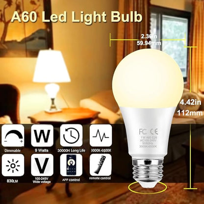 GRV E26 A60 9W Smart LED Light Bulb with a 2.4GHz Remote Control,Color Changing Led Bulbs,Stepless Dimmable 3000K-6500K,60W Incandescent Lamp Equivalent,800Lumens,Home Decor,1 Bulb & 1 Remote
