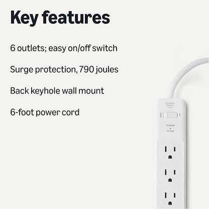 Amazon Basics Surge Protector Power Strip, 6-Outlet, 790 Joules, 6ft Extension Cord, Safety Shutters, White