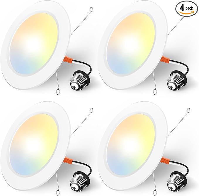 Amico Recessed Lighting 5/6 Inch, 4 Pack 5CCT Flat LED Can Lights, 2700K/3000K/4000K/5000K/6000K Selectable,12W Eqv 120W, 1050LM Brightness, Retrofit Installation - ETL & FCC