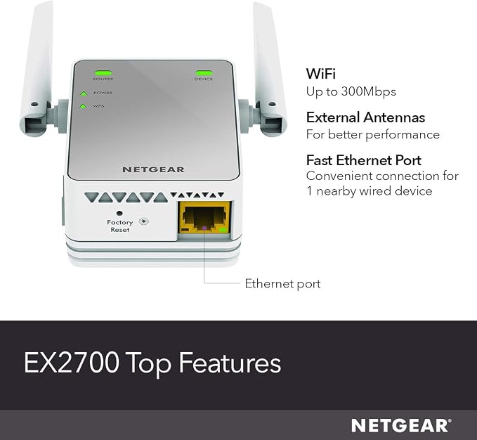 NETGEAR Wi-Fi Range Extender EX2700 - Coverage Up to 800 Sq Ft and 10 Devices with N300 Wireless Signal Booster & Repeater (Up to 300Mbps Speed), and Compact Wall Plug Design