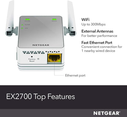 NETGEAR Wi-Fi Range Extender EX2700 - Coverage Up to 800 Sq Ft and 10 Devices with N300 Wireless Signal Booster & Repeater (Up to 300Mbps Speed), and Compact Wall Plug Design