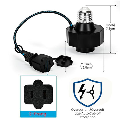 E26 Socket to AC Outlet Power Adapter, 2-Prong Plug Light Socket for Smart Bulbs and Outdoor Cameras Includes Extension Cord Ideal for Security Systems and LED Strips (Max 300W)