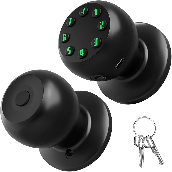 Smart Keypad Door Knob, Keyless Entry Door Lock with Auto Lock and Low Battery Alert, 50 User Codes, Easy Installation, Matte Black, for Front Door Bedroom Office Apartment