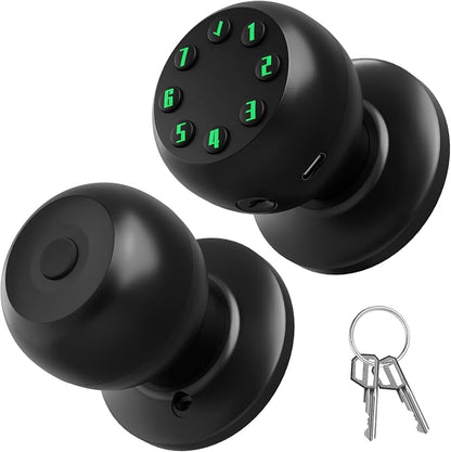Smart Keypad Door Knob, Keyless Entry Door Lock with Auto Lock and Low Battery Alert, 50 User Codes, Easy Installation, Matte Black, for Front Door Bedroom Office Apartment