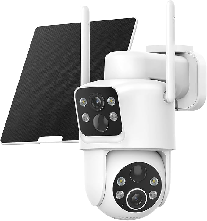 TKENPRO Dual Lens Solar Security Cameras Wireless Outdoor, 2K Full HD Video, 360° View Pan/Tilt Home Security Camera with Color Night Vision, Easy to Install, PIR Alarm, 2.4GHz WiFi