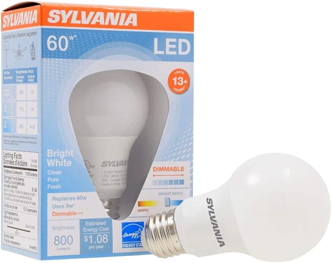 Sylvania A19 LED Light Bulb, 9W, 60W Equivalent, 13 Year, Dimmable, 800 Lumens, 3500K, Bright White - 1 Pack (71185)