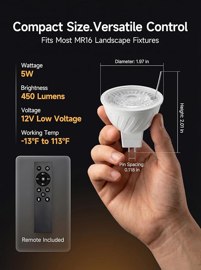 Gardenreet MR16 LED Light Bulb, Tunable White 2700K-6500K 5W with Remote, Dimmable Halogen Replacement for Enclosed Outdoor Landscape Lighting, 12V Low Voltage GU5.3 Bi-Pin, 450LM 45° Beam, 12 Pack