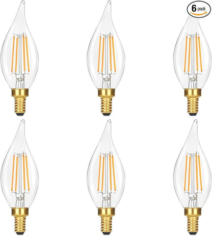 GoBright Dimmable LED Candelabra Bulbs 2700K Soft Warm White, 60W 630LM LED Candle Light Bulbs with Vintage Flame Tip, 6W Clear Glass LED Bulbs for Chandelier, Pendant, 6-Pack