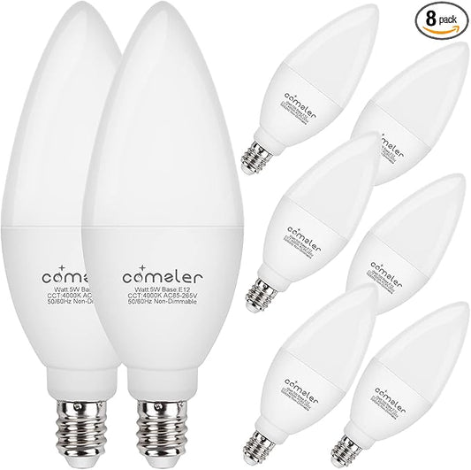 comzler E12 LED Bulb Candelabra Base, Type B LED Bulb 60 Watt Equivalen 4000K Natural Daylight B11 Small Base, Chandelier Ceiling Fan LED Light Bulbs 500 Lumens No-Dimmable Pack of 8