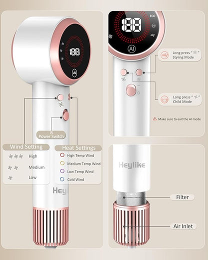 Hair Dryer, AI Smart 160000 RPM High-Speed Brushless Motor Plasma Ion AI Blow Dryer with Diffuser for Fast Drying, Professonal 4Temp/3Speed Thermo-Control Lightweight AI Hairdryer for Women Men Travel