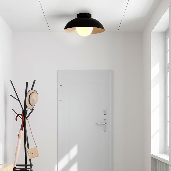 1-Light Matte Black Flush Mount Ceiling Light with White Opal Glass Shade | White Opal Glass Globe Shade, Wall or Ceiling Mount, Hallway or Entryway, Model 66000076