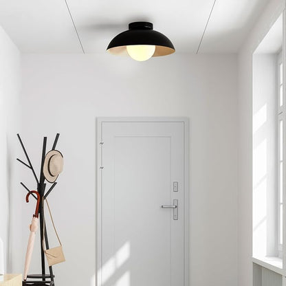 1-Light Matte Black Flush Mount Ceiling Light with White Opal Glass Shade | White Opal Glass Globe Shade, Wall or Ceiling Mount, Hallway or Entryway, Model 66000076