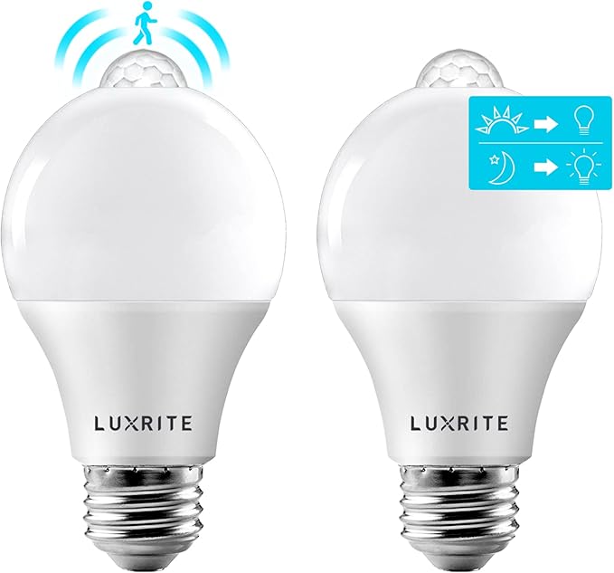 LUXRITE A19 LED Motion Sensor Light Bulbs, 60W Equivalent, Motion Activated Dusk to Dawn Sensor, 5000K Bright White, 800 Lumens, Security Light Bulb, Indoor/Outdoor, UL Listed, E26 Base (2 Pack)