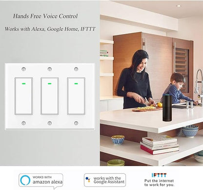 Lesim Smart 3 Gang WiFi Light Switch, 2.4GHz, Compatible with Alexa, Google Home, White, Push Button, Automatically/Smart Switch Operation