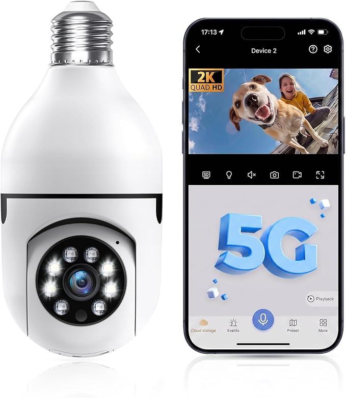 Chpuss Light Bulb Security Camera, 5G& 2.4GHz WiFi Security Cameras Wireless Outdoor for Home Security, 2-Way Audio Color Night Vision, Motion Detection Siren Alarm