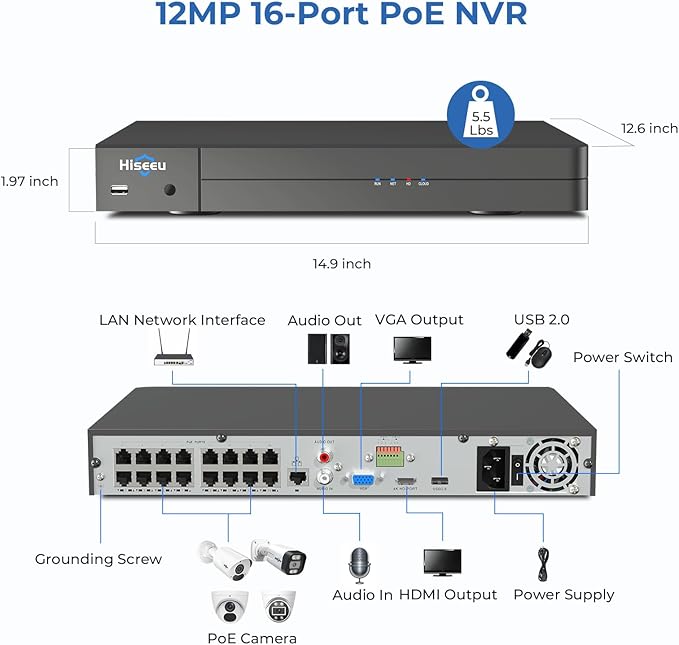 Hiseeu 12MP 16CH PoE NVR Network Video Recorder for Home Security Camera System, Work with 12MP/8MP/5MP/4MP/3MP/1080P PoE Security Camera, Motion Detect,24/7 Recording, Smart Playback, No Hard Drive