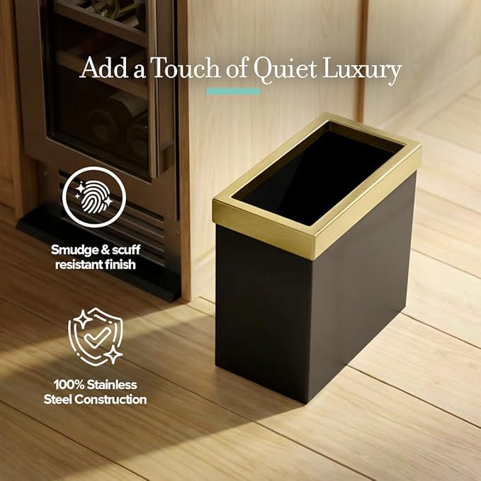 Gatco Small Bathroom Trash Can With Lid, Rectangle 3 Gallon Stainless Steel Wastebasket, Under Sink, Matte Black And Brushed Brass, For Bathroom, Bedroom, Office (1938)