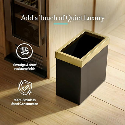 Gatco Small Bathroom Trash Can With Lid, Rectangle 3 Gallon Stainless Steel Wastebasket, Under Sink, Matte Black And Brushed Brass, For Bathroom, Bedroom, Office (1938)