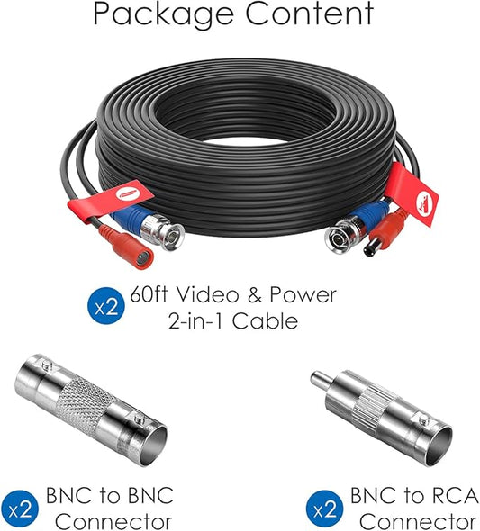 ZOSI 2 Pack 60ft (18 Meters) Security Camera Cable All-in-One BNC Video Power Cables,BNC Extension Wire Cord for CCTV Camera DVR Security System,White(Included 2X BNC Connectors and 2X RCA Adapters)