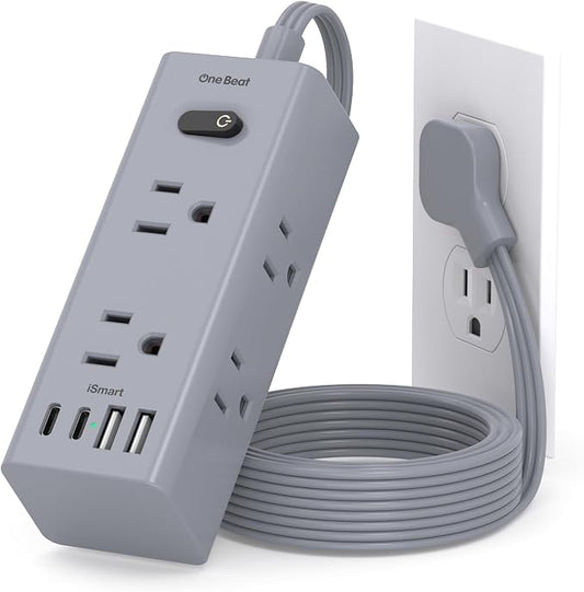3Ft Extension Cord with Multiple Outlets, Flat Plug Power Strip Surge Protector with 3 Ft Cord, 6 Outlet 4 USB Ports (2 USB C), Multi Outlet Wall Plug for Travel, College, Dorm Room Essentials(Grey)