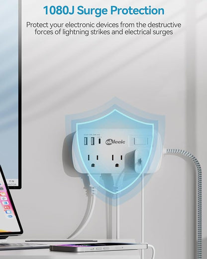 Short Extension Cord 3 Ft - okleeic Small Power Strip Flat Plug Surge Protetor with 6 Outlets & 3 USB (1 USB C) Charging Ports, Multi Plug Wall Outlet Extender for Travel Dorm Room Essentials