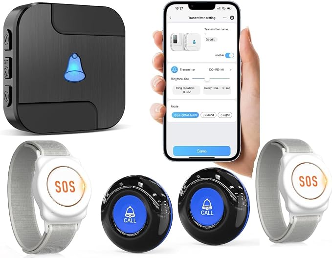 CallToU Wi-Fi Wireless Caregiver Pager Call Button for Elderly at Home, APP Emergency Alert Fall Help System for Seniors, Patients/Disabled Monitoring at Home (Black 4+1)