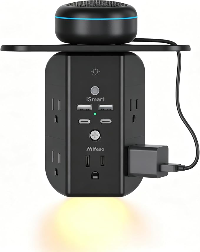 Wall Outlet Extender with Shelf and Night Light, Surge Protector, USB Wall Charger with 5 AC Outlets and 2 USB A Ports 2 USB C Ports Wide Space 3-Sided Power Strip Multi Plug Outlets, Black
