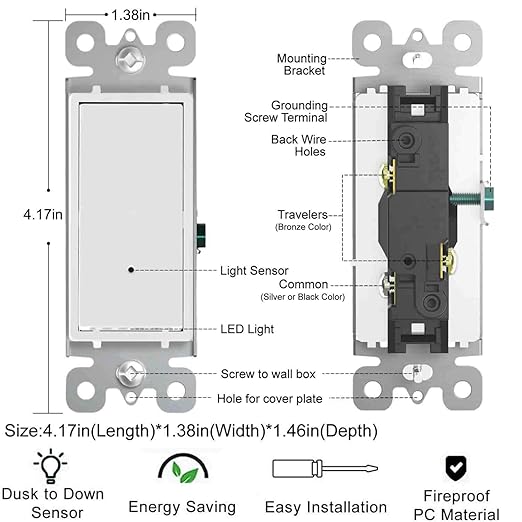 4Pack SOZULAMP 3 Way Light Switch with LED Night Light 15Amp 120/277Volt,Three Way Wall Switch, Automatic On/Off Sensor, White