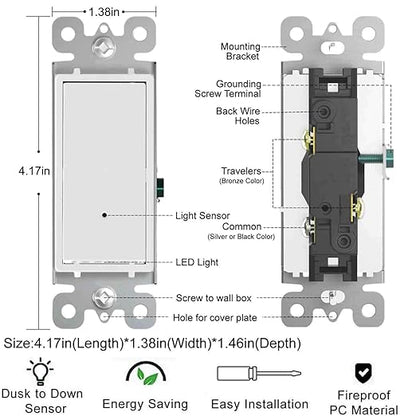 4Pack SOZULAMP 3 Way Light Switch with LED Night Light 15Amp 120/277Volt,Three Way Wall Switch, Automatic On/Off Sensor, White