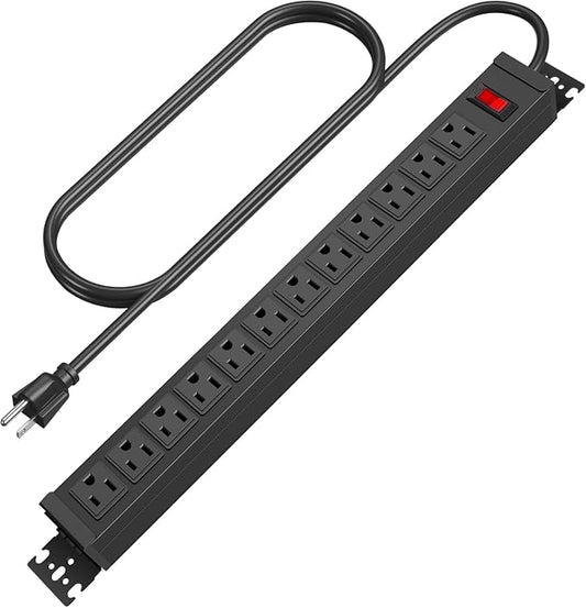 HHSOET Rotating 12 Outlet Surge Protector Power Strip 1200J, 15FT, Black, 1 | Metal Heavy Duty and Versatile Outlet Strip, Mountable Power Strip Suitable for Households Offices Industries