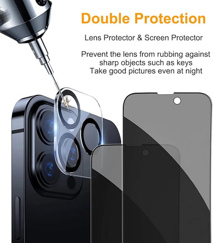 PEHAEL 2+2 Pack for iPhone 14 Pro Privacy Screen Protector with Camera Lens Protector Full Coverage Anti-Spy Tempered Glass Film 9H Hardness Easy Installation Bubble Free [6.1 inch]