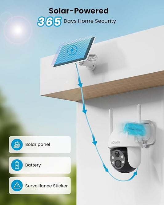 ieGeek Security Cameras Wireless Outdoor, 2K Solar WiFi Camera for Home Security System, Battery Powered Surveillance Cam with Solar Panel, 360° PTZ Color Night Vision, Motion Sensor, Works with Alexa