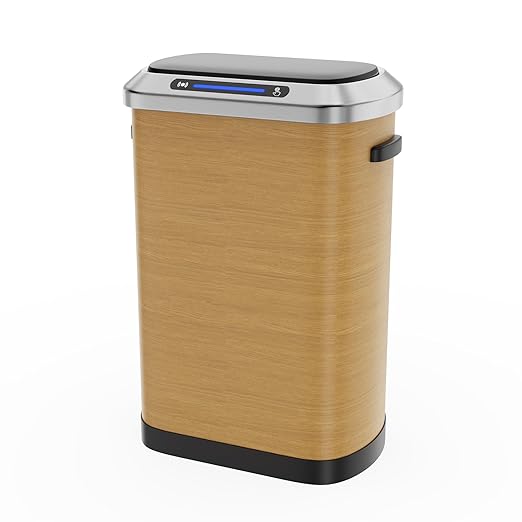 pouseayar 13 Gallon Smart Automatic Trash Can with Lid, Stainless Steel Thickened Body & Super Mute Sensor Lid with 30 Count Garbage Bags for Kitchen Office Bedroom Waste Bin and More - Wood Color