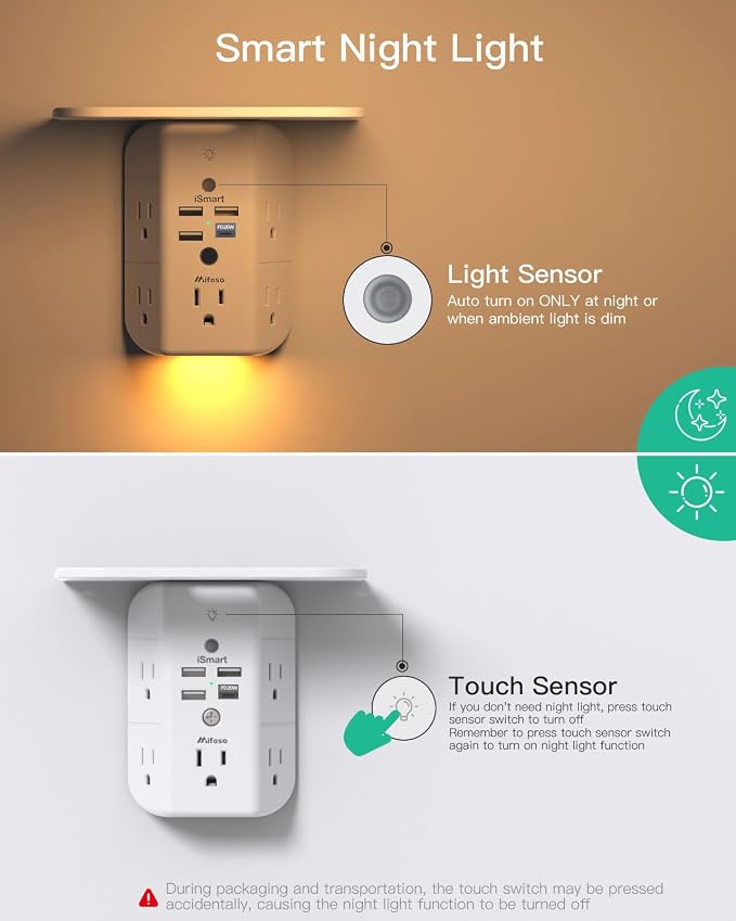 Mifaso PD20W Outlet Extender with Shelf & Night Light, Surge Protector | 5 AC Outlets, 3 USB-A, 1 USB-C, 3-Sided Wide-Space, Multi-Plug Outlet Splitter, 1800J, Ideal for Office, Dorm, RV, Travel