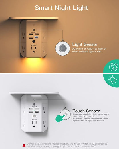 Mifaso PD20W Outlet Extender with Shelf & Night Light, Surge Protector | 5 AC Outlets, 3 USB-A, 1 USB-C, 3-Sided Wide-Space, Multi-Plug Outlet Splitter, 1800J, Ideal for Office, Dorm, RV, Travel